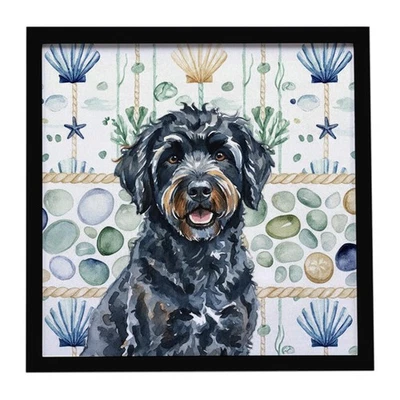 Black Portuguese Water Dog Coastal Sea Glass Framed Metal Print WDK7179MFP88 - Image 1 of 4