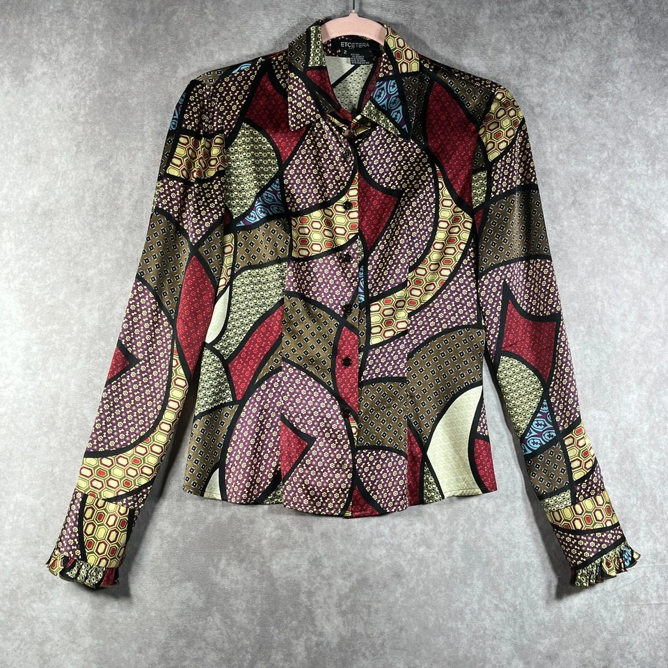Blusa Etcetera Feminina 2 Multicolor Geométrica Mistura de Seda Botão para Cima Gola Artística - Imagem 1 de 4