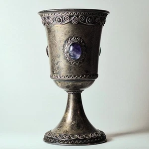VIntage Zadok 925 Sterling Silver Judaica Filigree 3 Eilat Stone Kiddush Cup 4" - Picture 1 of 17