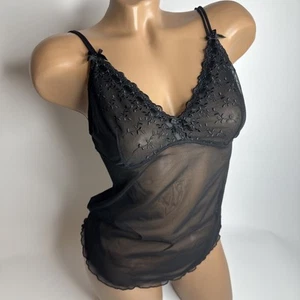 Y2K Black Gothic Sheer Mesh Cami Top S Embroidered Lace Vampy Dark Fairy Witchy - Picture 1 of 10