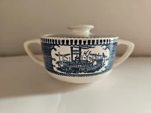 Zuccheriera vintage Currier e Ives con coperchio blu e bianco battello a vapore - Foto 1 di 4