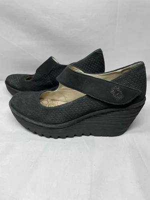 FLY London YASI Black Suede Wedge Pumps 37 US 7 Mary Jane Strap - Image 1 of 4