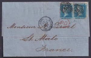 1859 2d Blue Pl 7 FH + FI SG45 London to St Malo France VG/FU - Picture 1 of 2