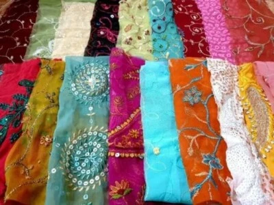 AMZ Vintage Sari Georgette Fabric Remnant Sewing & Crafts Embroidered 15 Pieces - Image 1 of 4