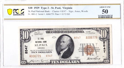 $10 1929 T2 National ST. PAUL Virginia VA 🇺🇸 PCGS 50 About Uncirculated 🇺🇸 - Image 1 of 2
