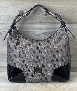 DOONEY & BOURKE Gray & Black Canvas Hobo Purse w/ Patent Leather Trim - Picture 1 of 9