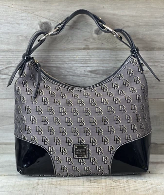 DOONEY & BOURKE Gray & Black Canvas Hobo Purse w/ Patent Leather Trim - Image 1 of 4