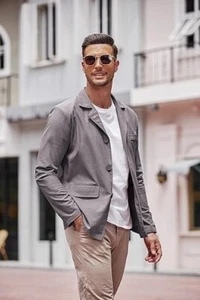 NEW COOFANDY Men's Linen Cotton Suit Blazer Dark Grey M - Picture 1 of 8