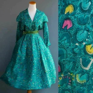 VTG 50s Teal Silk Dress Chessmen Chess Piece Horse Knight Print Shawl Collar Sm - Picture 1 of 10