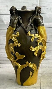 Gallery 3 Bronze Mermaids Dancing Sculpture Statue Vase Nude Gilt Decor - Picture 1 of 10