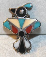 ZUNI STYLE STERLING SILVER CHANNEL INLAY TURQUOISE CORAL THUNDERBIRD PIN BROOCH