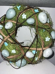 Handmade Spring Easter Wreath Eggs  Flowers Moss 12” Natural Branches Blue Green - Picture 1 of 8