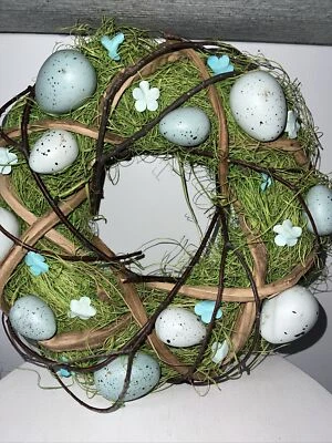 Handmade Spring Easter Wreath Eggs  Flowers Moss 12” Natural Branches Blue Green - Image 1 of 4