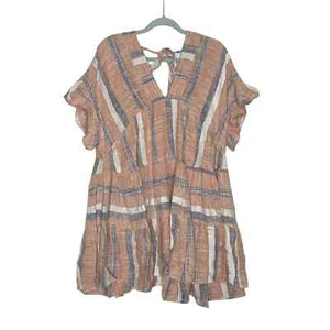 Lulus Striped Woven V-Neck Tiered Beach Linen Mini Dress Flutter Sleeves Medium - Picture 1 of 13