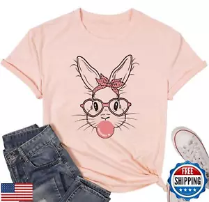 Funny Bunny Print T Shirt for Women Cute Grapic Leopard Shirts Family Blouse - Picture 1 of 3