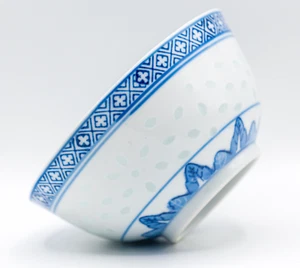 Vintage Chinese Bowl Bats Blue White Rice Porcelain Marked 20th Century - Picture 1 of 6