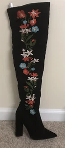 Womens Size 7 Embroidered Tall Thigh High Boots Faux Black Suede Floral - Picture 1 of 4