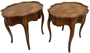 Vintage Pair Louis XV Solid Maple & Burl Inlaid Scalloped Edge Side End Table - Picture 1 of 10