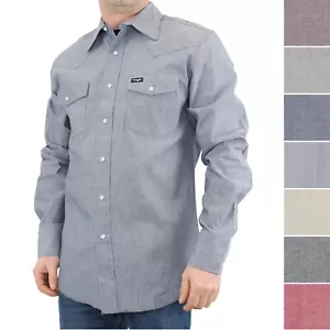 Camicia western uomo Wrangler manica lunga chambray bottoni a pressione 100% cotone - Foto 1 di 17