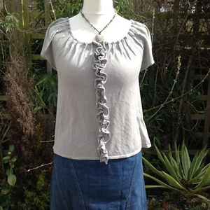 Vintage Silk-Cotton Ruffle Stretch Top Soft Green Nougat London Size3 (10-12Med) - Picture 1 of 8