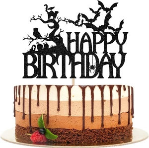 Halloween Feliz Cumpleaños Pastel Topper, Espeluznante Casa Embrujada Negro Brillo Pastel - Imagen 1 de 5