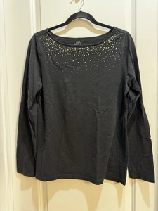 Loft Black Tee Large Beaded Front Long Sleeve Boat Neck Armpit To Armpit 19” - Picture 1 of 7