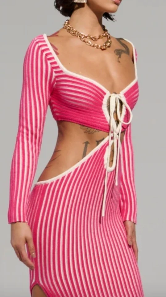 Vestido midi tejido a rayas rosa y blanco Azura corte abdominal ceñido al cuerpo abertura mediana Foto 1 de 4