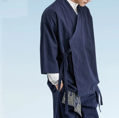 New Men's Han FU Chinese Style Cotton Linen Jacket Spring Summer 3/4 Sleeve Coat - Image 1 of 4