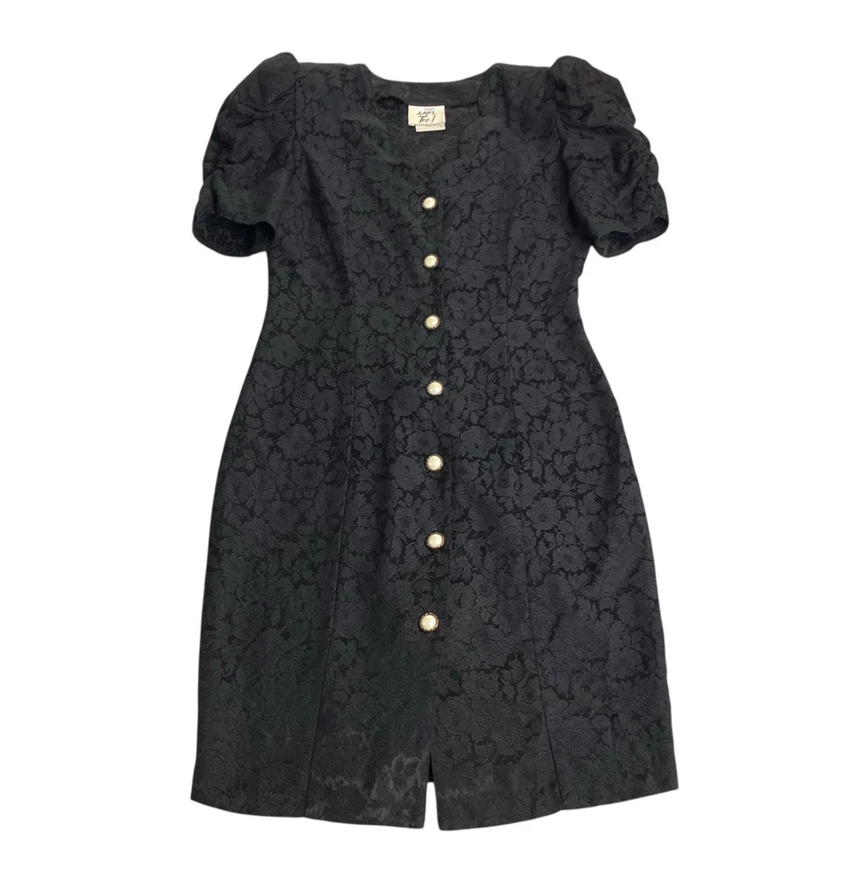 Vintage 90s Y2K Byer Too Dress 9 Black Floral Jacquard Faux Pearl Button Gothic - Image 1 of 4