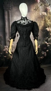 Victorian Black Mourning Gown, Silk & Lace Vintage Dress Sz M/L “Museum Pc” - Picture 1 of 17