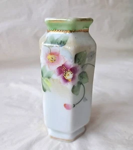 3.75" Nippon Hand Painted Vase, Flowers, 6-Sided, 1910s Cherry Blossom Mark - Picture 1 of 13