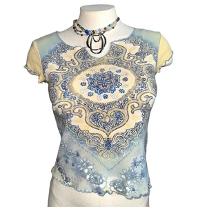 Damen Y2K Strass Top Gr. M Baby T-Shirt Kurzarm Blau Gelb Grunge Bratz - Bild 1 von 9