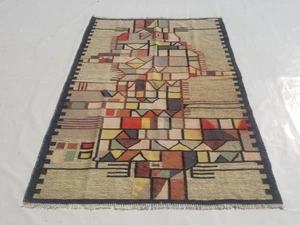 Tappeto tappeto kilim beige geometrico tradizionale vintage fatto a mano 284x142 cm - Foto 1 di 12
