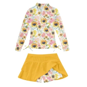 Little Girls Swimsuits Size 5 6 Yellow Sunflower Rashguard Shirts Bathing Sui... - Picture 1 of 5