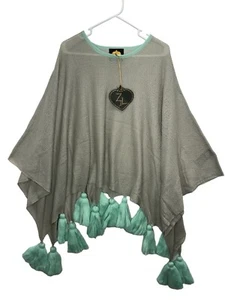 Poncho mit türkisfarbenen Quasten Z&L grau Acryl Damen Größe S / M weich Loungewear - Bild 1 von 7