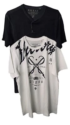 Lot of 2 GUESS Mens Tee T-Shirt Crewneck Neck Black White Gray Cotton Large New - Image 1 of 4