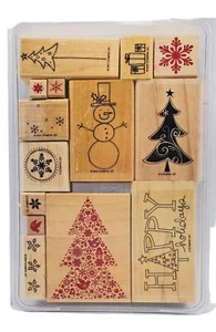 Stampin Up! Christmas 14 pc Wood Mounted Stamp Set Holiday Plastic Case - Picture 1 of 8
