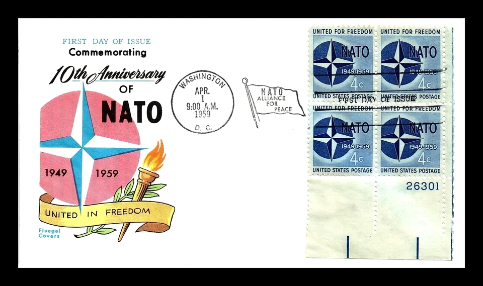 1127 4c Stamps (1959) 10TH ANNIVERSARY OF NATO FDC FROM FLUEGEL - PLATE BLOCK !! - Image 1 of 1