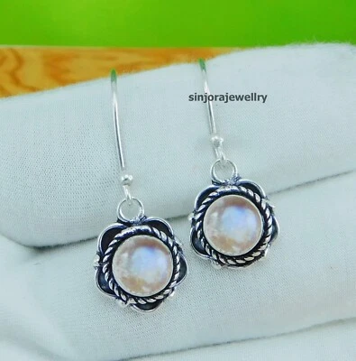 Pendientes colgantes/gotas hechos a mano de plata de ley 925 con piedra lunar arco iris de 1,25" Foto 1 de 4