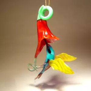 Blown Glass Figurine Bird Hanging Blue & Yellow Hummingbird Red Flower Ornament - Picture 1 of 5