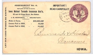 Cubierta de papelería EE. UU. 2c 1892 COLUMBUS (1893) Des Moines 1894 Waucoma Iowa XU139 - Imagen 1 de 12