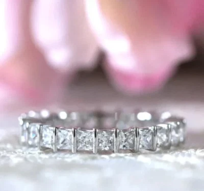 3Ct Princess Cut Moissanite Full Eternity Engagement Band 14k White Gold Plated - Image 1 of 4