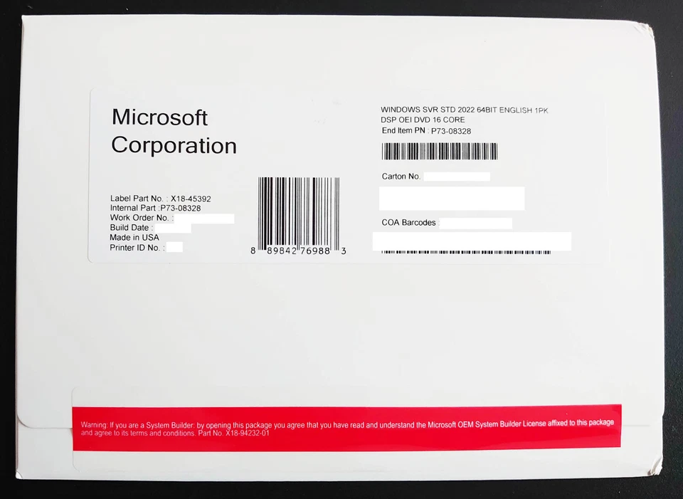 Microsoft Windows Server Standard 2022 64bit 16 Core DVD OEM P73-08328 NEU - Bild 1 von 1