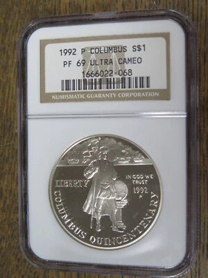 1992-P Proof Columbus Silver Dollar $1 NGC PF69 Ultra Cameo - Image 1 of 4