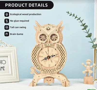 Vintage Clock Wooden 3D kit Night Owl wagging tail Puzzle DIY Jigsaw Book Nook - Image 1 of 4