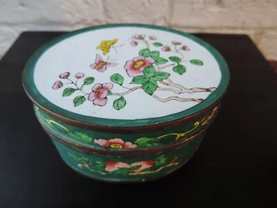 Vtg Antique Handpainted Enamel over Brass Lidded Tea Caddy Floral/Butterflies - Image 1 of 4