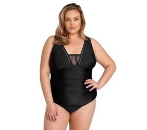 LYSA Plus-Size Mesh V-Neck side shirring One-Piece - Power mesh lining 1X $63 - Picture 1 of 2