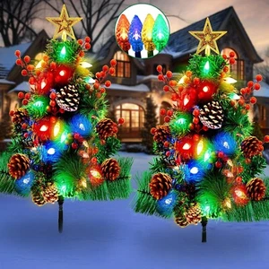 2 Pack 29.5” Pre-Lit Outdoor Pathway Christmas Trees with 40 LED Lights 8 Modes - Picture 1 of 8