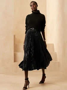 Banana Republic S Pleated Sequin Midi Skirt Small Black #787168 NWT - Picture 1 of 4