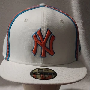 New Era 59FIFTY MLB New York Yankees Logo White Blue Orange SIZE 7 1/2 Fitted - Picture 1 of 7